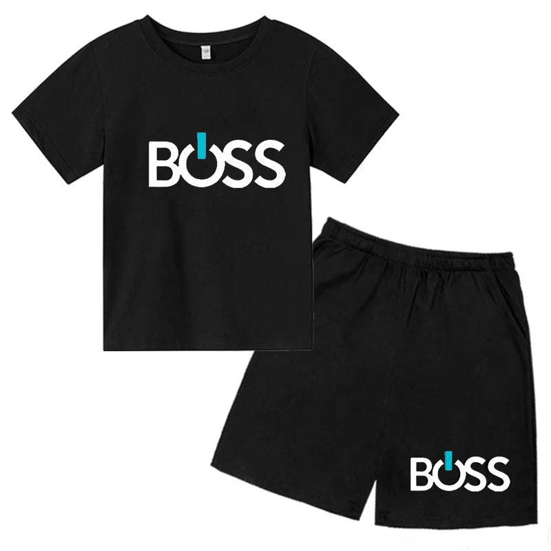 2024 Children's Summer Boss Pattern Printed Solid Color Short Sleeve Clothing Tee Sets Boys Girls New Style Casual Fashion Suits