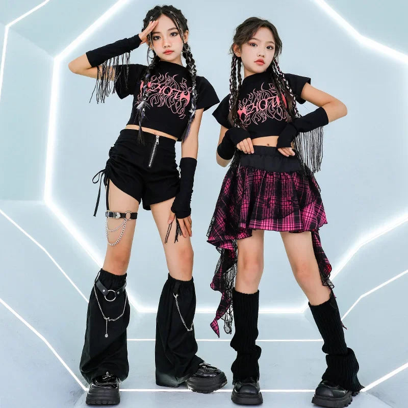 Kpop Jazz Dance Costume for Girls - Black Tassel Outfit