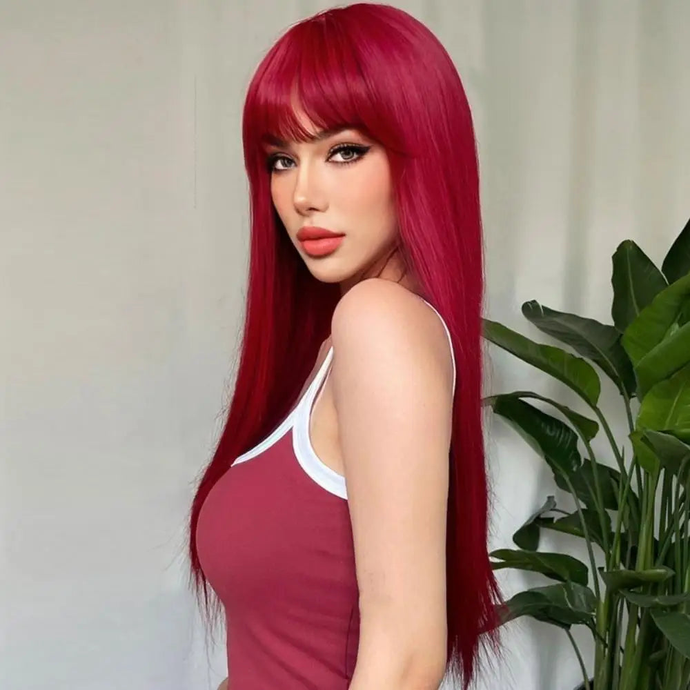 New Wig Female Natural Bangs Long Straight Wine Red Synthetic High Temperature Silk Wig Full Head Cover