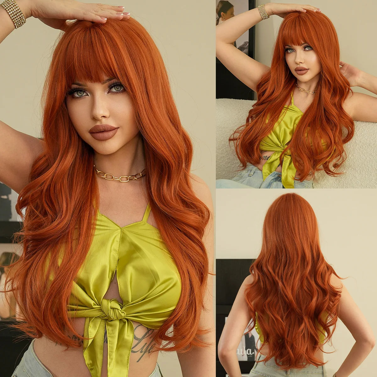 New Orange Wigs Bangs Long curly hair straight bangs Synthetic fiber high-temperature silk mechanism wig Dark Orange Wigs