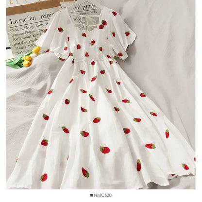 Women's Sweet and Elegant Super Immortal Forest Fruit Strawberry Print A- line Dress Elastic Bust Short Sleeve Mid Long Dresses