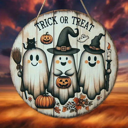 1pc, 2D Wooden Halloween Three Cute Ghost Broom Spoof Pumpkins 7.9Inch/20cm Round Hanging Sign Wall or Door Decor Wall Art