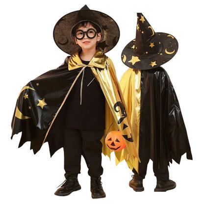 Kids Halloween Unisex Witch Cosplay Cloak + Witch Hat 2 Piece Costume Carnival Party Fancy Gold Black Color Blocking Dress Cape