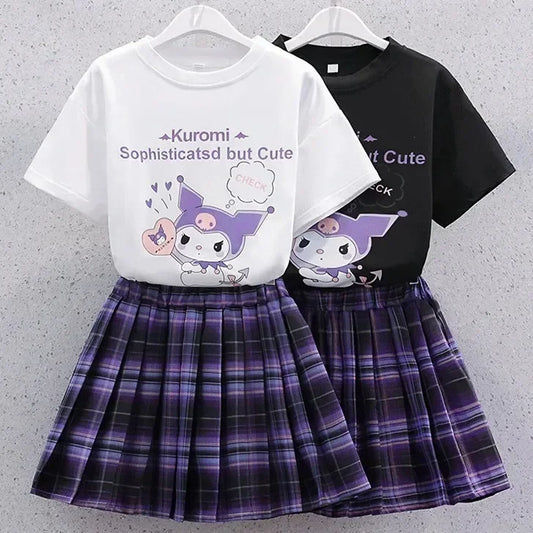 HOT Sanrio Kuromi Kawaii Girls College Style T-shirt Skirt Suit Summer Clothes New Girl Suit Children's Clothes Style Pleated