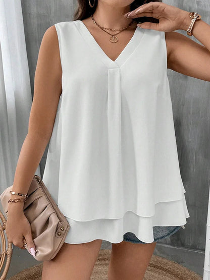 MuGen Plus Size V-Neck Blouse Sleeveless Solid Color T-Shirt Casual Vest Ruffled Blouse 2024 Fashion Loose Tops Women‘s Clothing