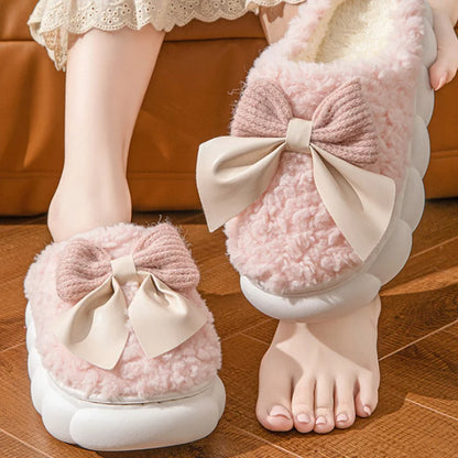 Cute Winter Fur Slippers with Bow for Women