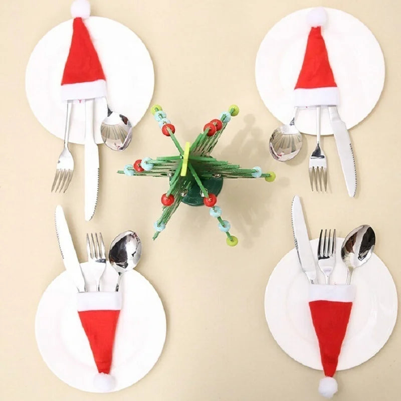 Merry Christmas Decoration 2023 Christmas Tableware Bag Holder Christmas Hat Fork Knife Cutlery Bag Christmas Ornament Decor