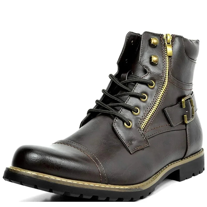 Men's Retro Leather Motorcycle Ankle Boots with Double Zipper