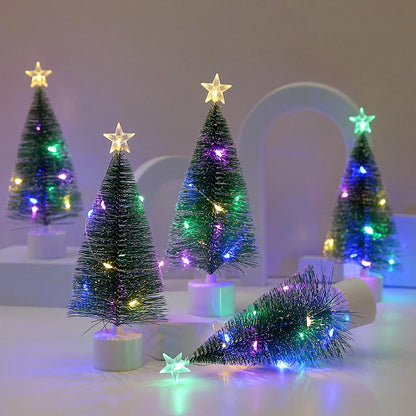 Mini Christmas Trees With LED Light Decor Tabletop Crafting DIY Christmas Gift Green Brush Trees Plastic Winter Snow Ornaments