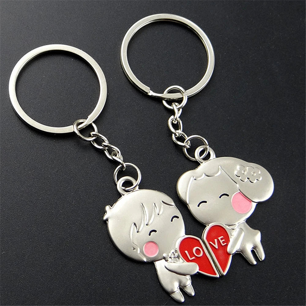 2pcs Heart Keychain Set - Cute Metal Cartoon Doll Couple Keyrings