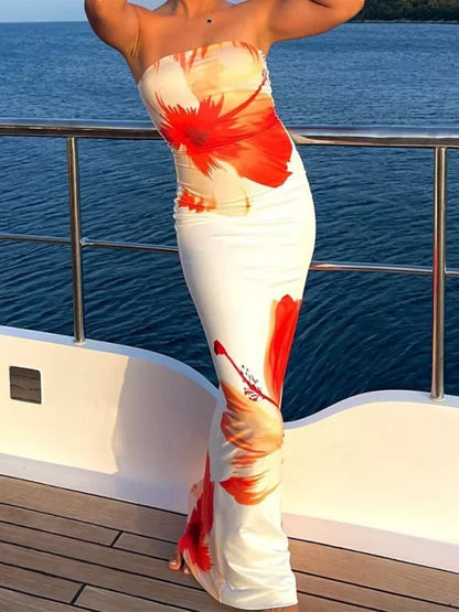 Fashion Printed Backless Bodycon Strapless Long Dress Women Sexy Off Shoulder Sleeveless Dresses 2024 Lady Vacation Robes