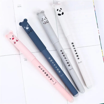 4 Pcs Kawaii Gel Pens Set - Erasable Pig, Bear, Cat & Mouse