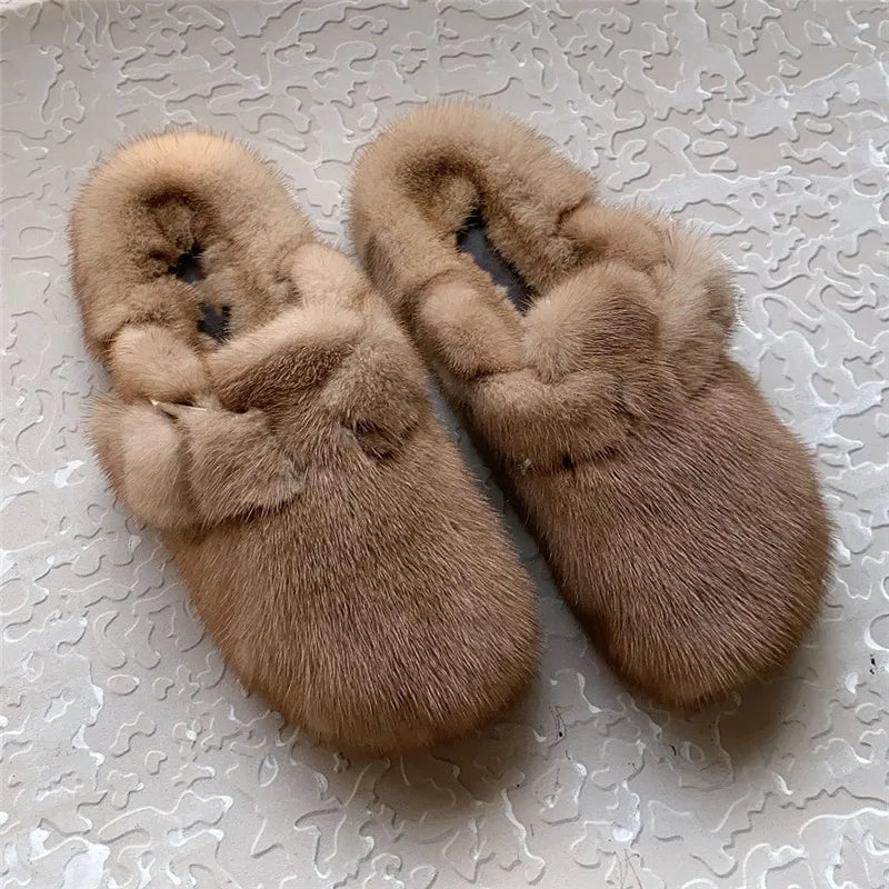 Playful Mink Fur Slippers for Women - Cozy Autumn Winter Mules