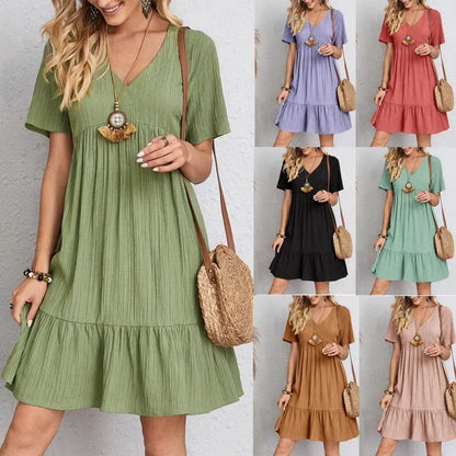 Short Sleeve Belted Elegant Large Size Dress 2024 Summer European and American Plus Size Women's Skirts Loose Casual