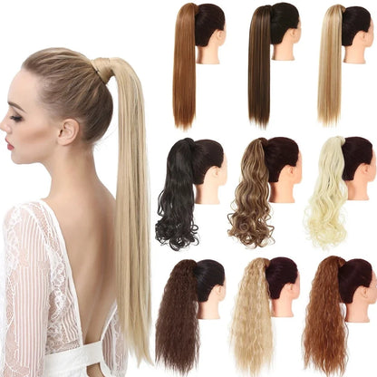 Synthetic Clip in Ponytail Hair Extension Wig Straight Kinky Curly Long Wrap Around Fake Pony Tail Blonde False Afro Hairpiece