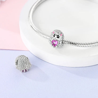 Special 925 Sterling Silver Large Eyed Hedgehog With Pink Heart Charm Fit Pandora Bracelet Girl's Birthday Surprise Jewelry Gift