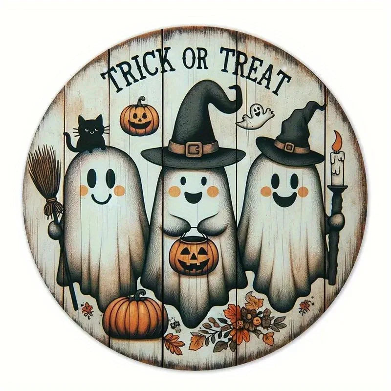 1pc, 2D Wooden Halloween Three Cute Ghost Broom Spoof Pumpkins 7.9Inch/20cm Round Hanging Sign Wall or Door Decor Wall Art