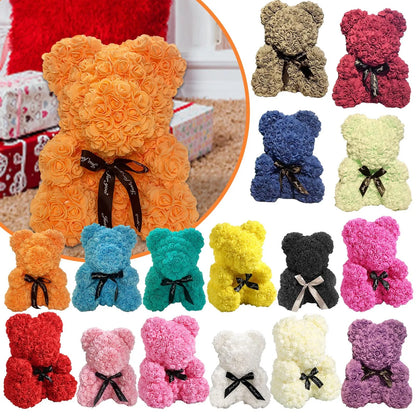 25cm Playful Rose Bear - Artificial Flower Teddy Gift