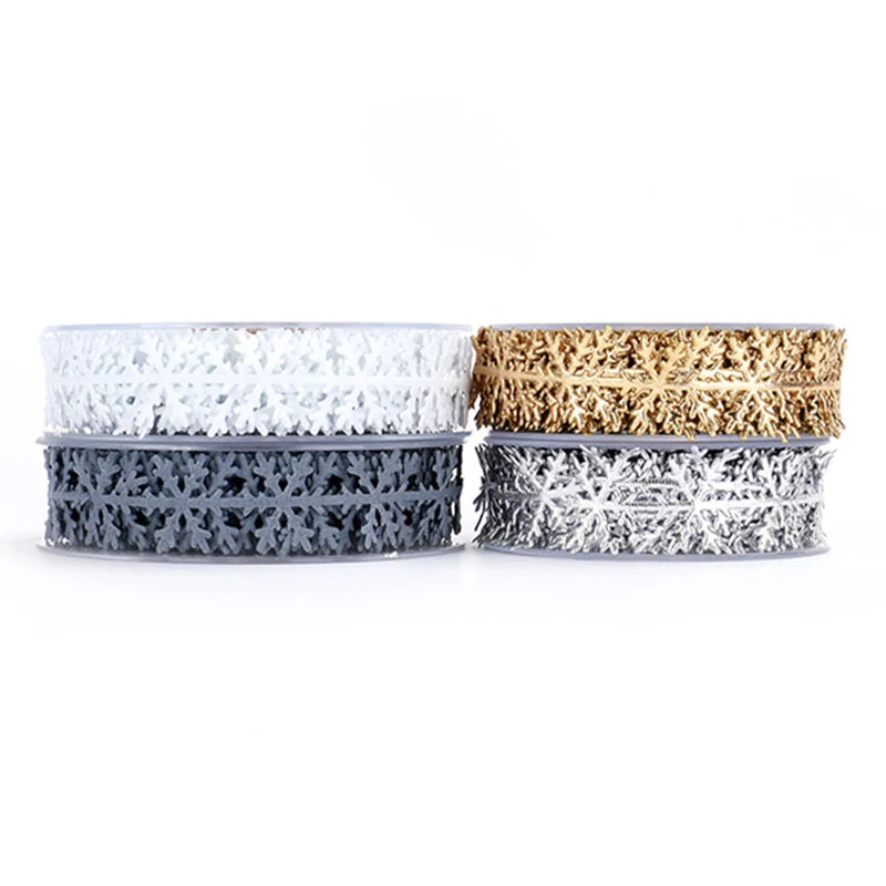 Silver Gold Glitter Ultrasonic Embossed Snowflake Lace Sewing Trim Ribbon Christmas Festive Birthday Wedding Wrapping Craft Dec