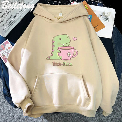 Dinosaur Hoodie Women Cartoon Cute Print Kawaii Cartoon Clothing Plus Size Pullover Harajuku Female Autumn Warm Streetwear