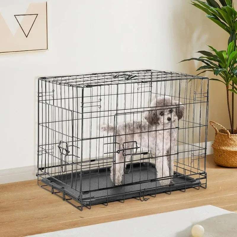 Double Door Folding Wire Dog Cage with Plastic Leakproof Tray Tray, Large XL Pet Kennel Indoor, Outdoor, Travel