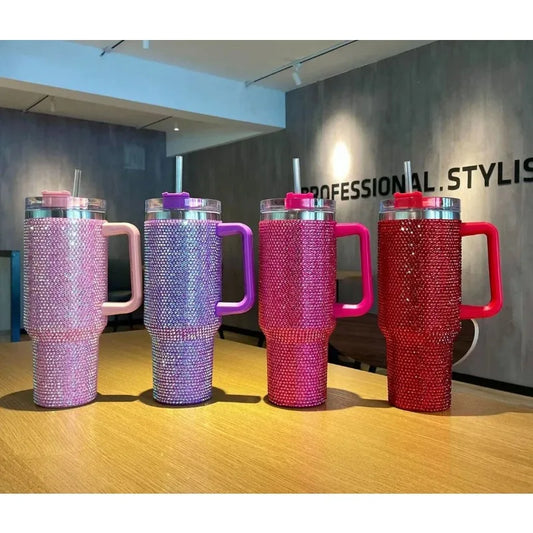 40oz Diamond Mug Tumbler With Handle Insulated Tumbler With Lids Straw Stainless Steel Coffee Termos Cups Tumbler Heat Press