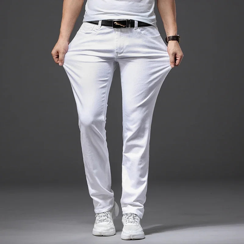 Men Slim White Jeans New Elasticity Fashion Casual Classic Soft Business Brand Trousers Male Clothing Stretch Pants