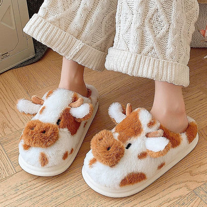 Women's Cozy Cartoon Cow Slippers - Furry Indoor Shoes