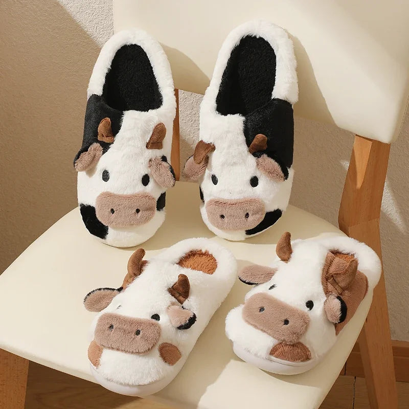 Cartoon Cow Plush Slippers - Cozy Indoor Slides