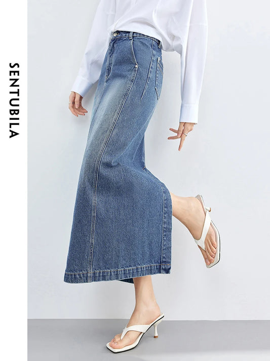 SENTUBILA Cotton Denim Long Skirt for Women 2024 Spring Autumn High Street Straight Dresses with Slit Womans Clothing W41Q53229