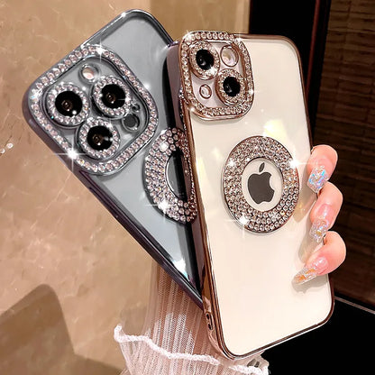 Luxury Electroplated Transparent Case For iPhone 11 12 13 14 15 Pro Max Plus Hollow Out Glitter Bumper Soft Rhinestone Cover