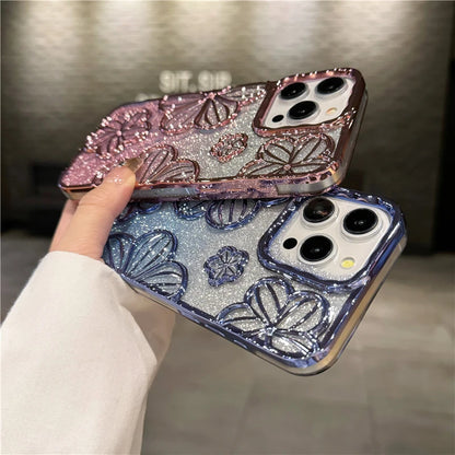 For iPhone 15 Pro Max Luxury Flash Glitter Flowers Square Plating Frame Phone Case For iPhone 11 12 13 14 Soft Protective Cover