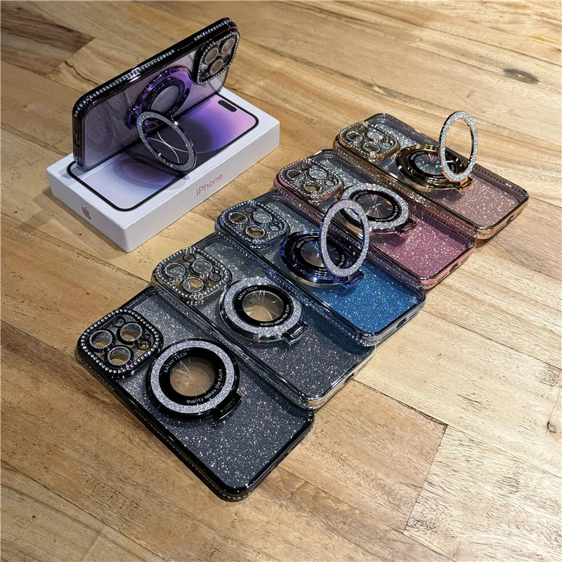 Luxury Plating Flash Glitter Magsafe Magnetic Holder Phone Case For iPhone 11 12 13 14 Pro Max Bumper Protector On 15 Plus Cover