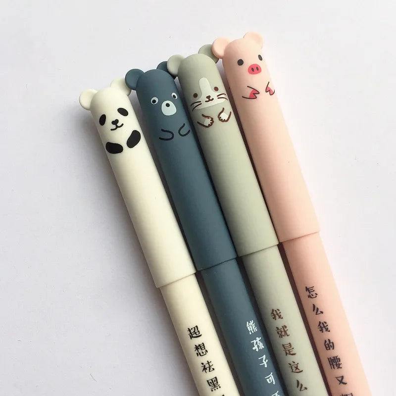 4 Pcs Kawaii Gel Pens Set - Erasable Pig, Bear, Cat & Mouse