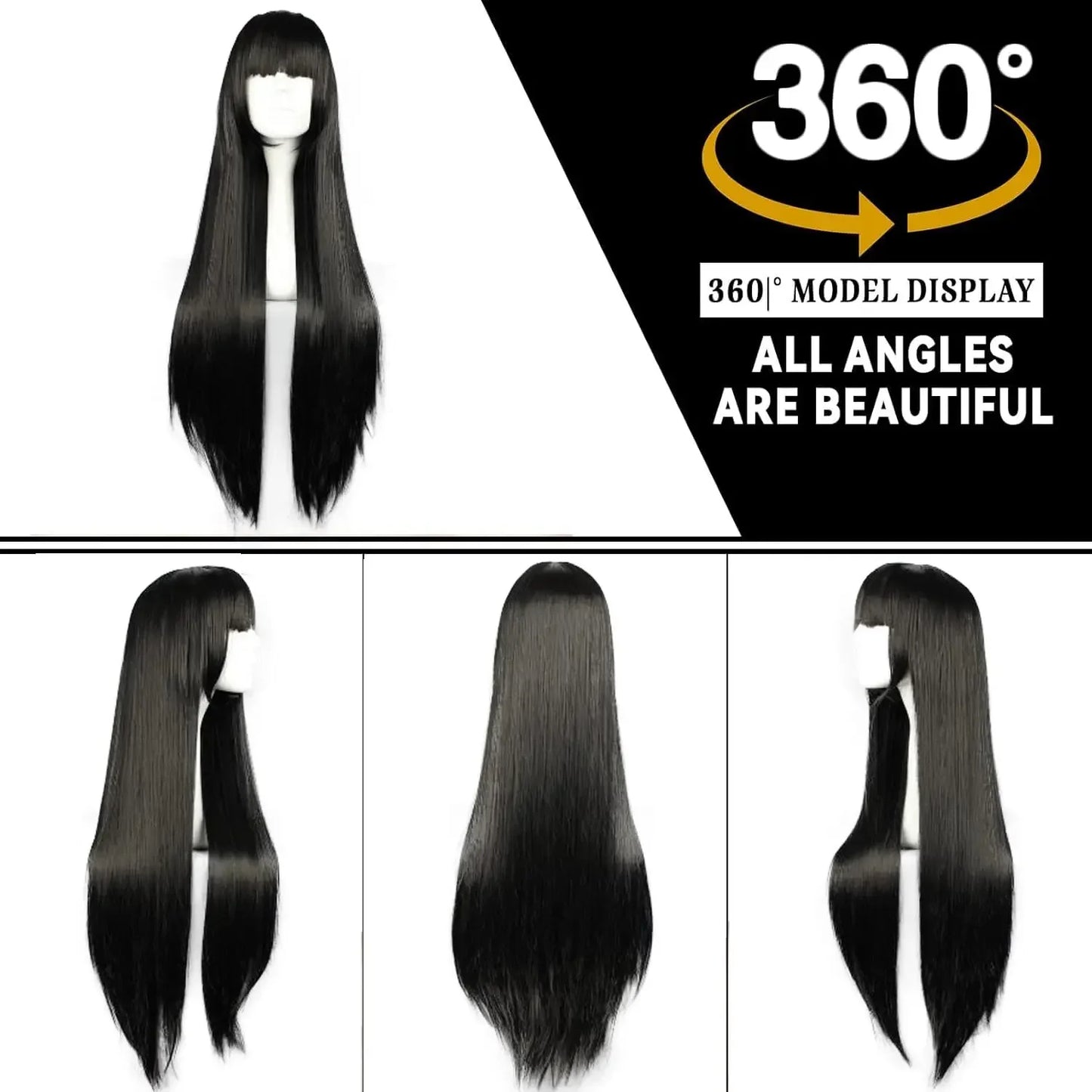 Anime Cosplay Wig Long Straight Flat Bang Synthetic Wig Anime Black Hair Wigs