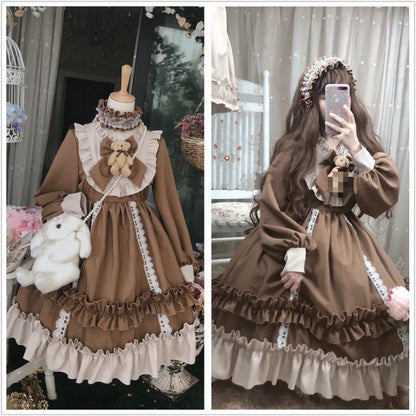 Long Sleeve Bear Bow Detail Lolita Long Sleeve Dress Lolita Dress Full Set New Loose Lolita Dress OP Long Sleeve Women