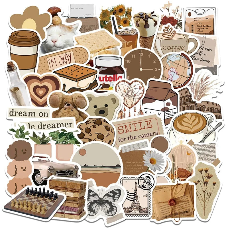 Vintage Brown Aesthetic Stickers Set - 10/30/60PCS