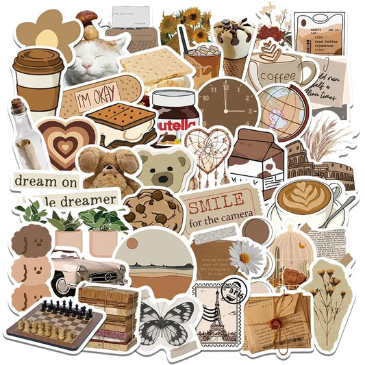 Vintage Brown Aesthetic Stickers Set - 10/30/60PCS