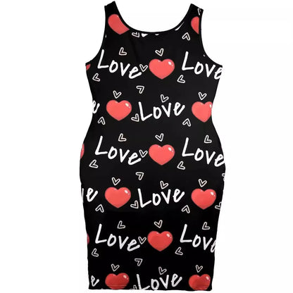 Plus Size Summer Women's Dresses  Fashion Contrast Heart Print U-Neck Sleeveless Casual Bodycon  Mini Dress