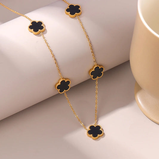 14K Gold Plated Stainless Steel Necklace Woman Five Leaf Petals Double Sided Necklaces for Women Pendant Flower Clover Jewelry