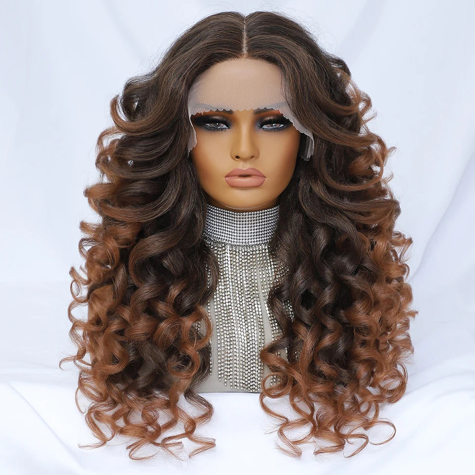 Curly Lace Front Wig - Black Brown Synthetic Hair for Women