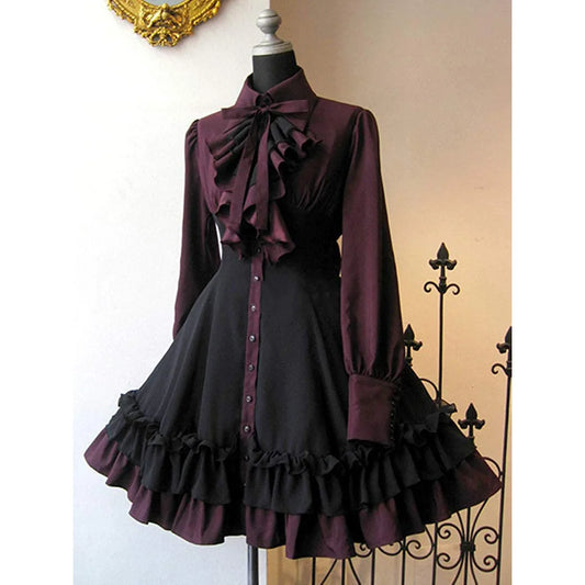 Women Medieval Vintage Lolita Dress XS-3XL Gothic Long Sleeves Ruffle Classic Dress Renaissance Bow Buttons Wrinkle Sweet Dress