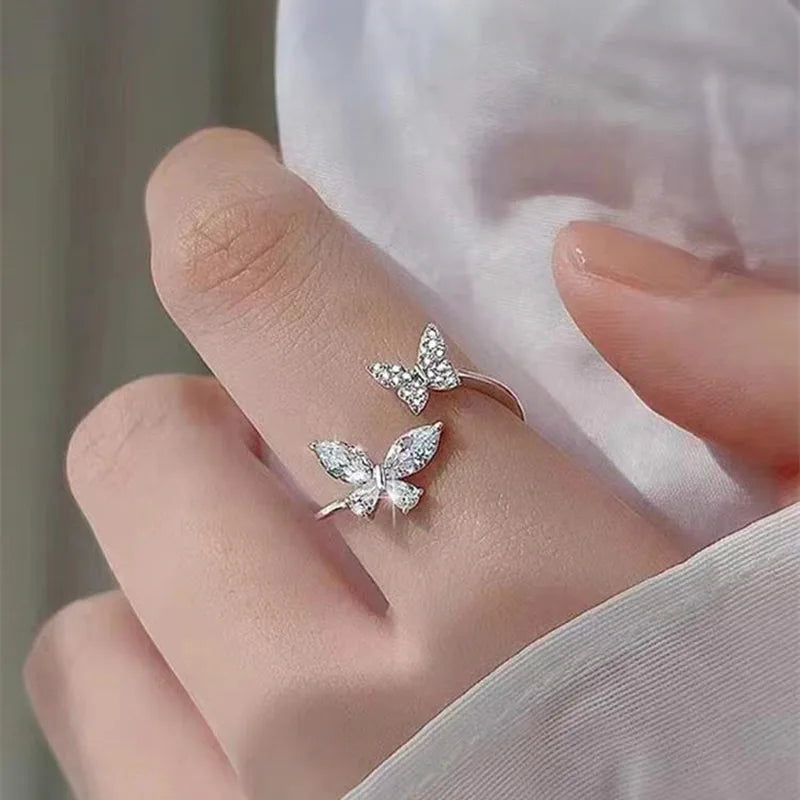 Opening Butterfly Ring Ornament Popular Light Luxury Style Double Zircon Butterfly Ring for Women with a High Level Sense