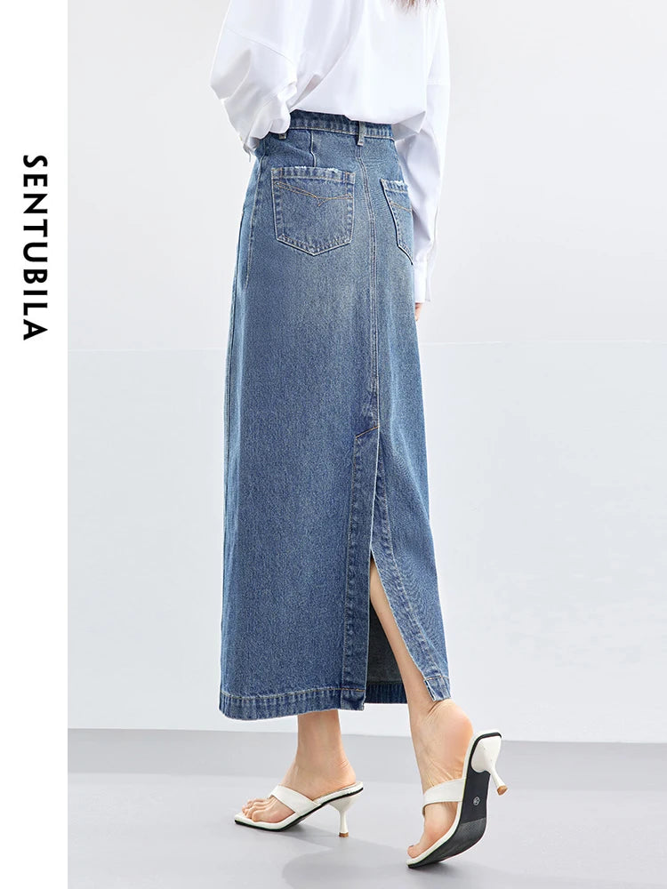 SENTUBILA Cotton Denim Long Skirt for Women 2024 Spring Autumn High Street Straight Dresses with Slit Womans Clothing W41Q53229