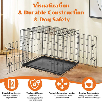 JHK Double Door Folding Metal Wire Dog Cage with Plastic Leak-Proof Pan Tray Extra Large Pet Kennel for Indoor Outdoor Travel