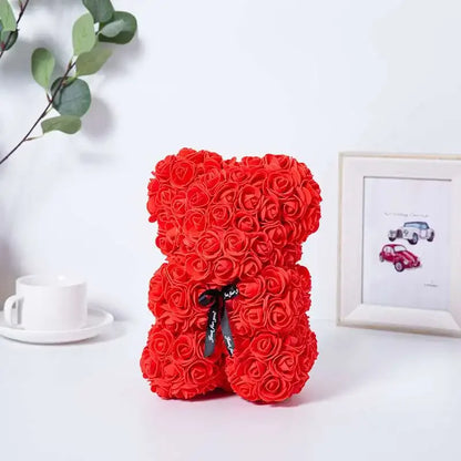 25cm Playful Rose Bear - Artificial Flower Teddy Gift