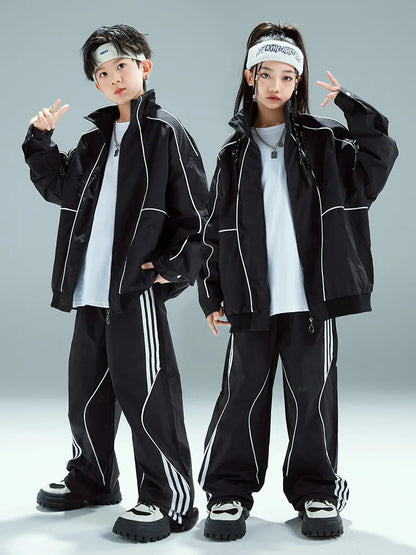 Boys Hip Hop Black Baseball Coat & Baggy Pants Set