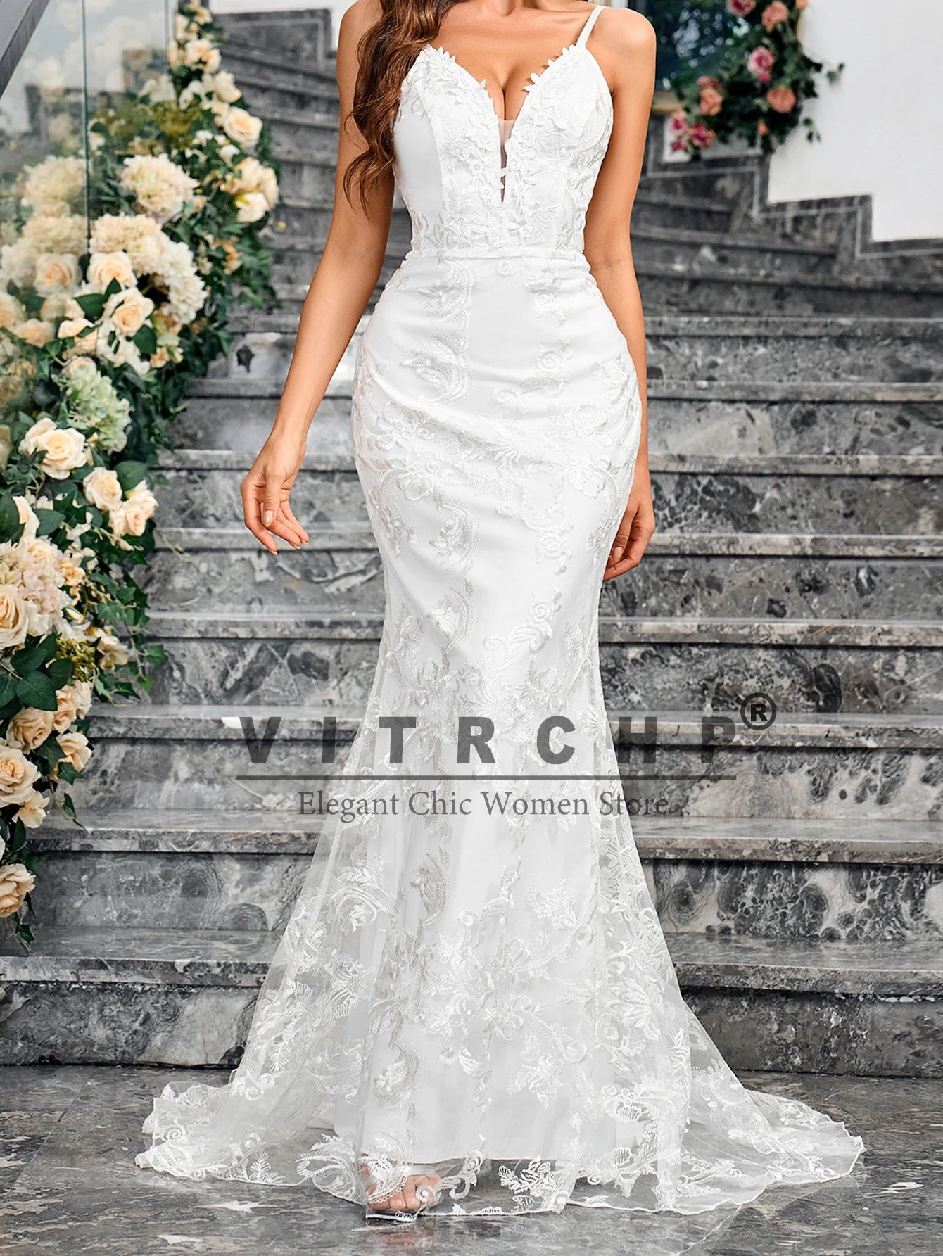 VITRCHP Sleeveless V Neck Sequined Mermaid Wedding Dress