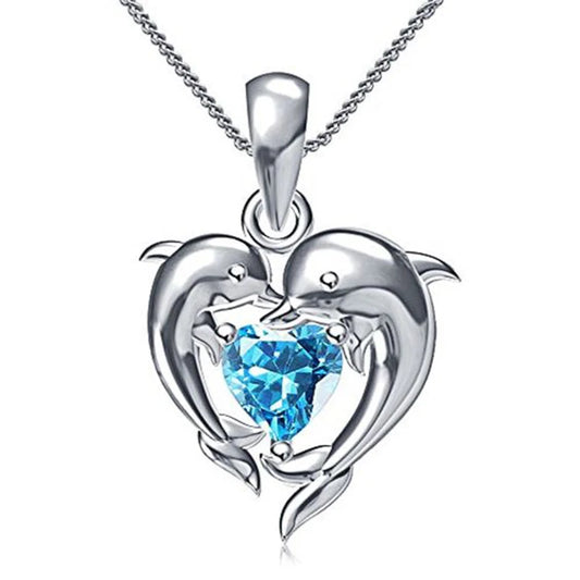 Huitan Couple Dolphin with Blue Heart CZ Necklace Women Chic Bride Wedding Clavicle Chain Necklaces Fancy Gift Statement Jewelry