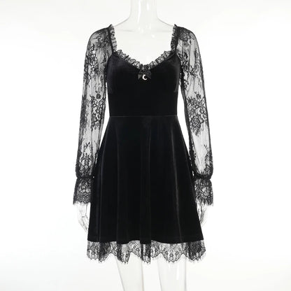 Playful E-girl Grunge Gothic Black Mini Dress with Lace Trim